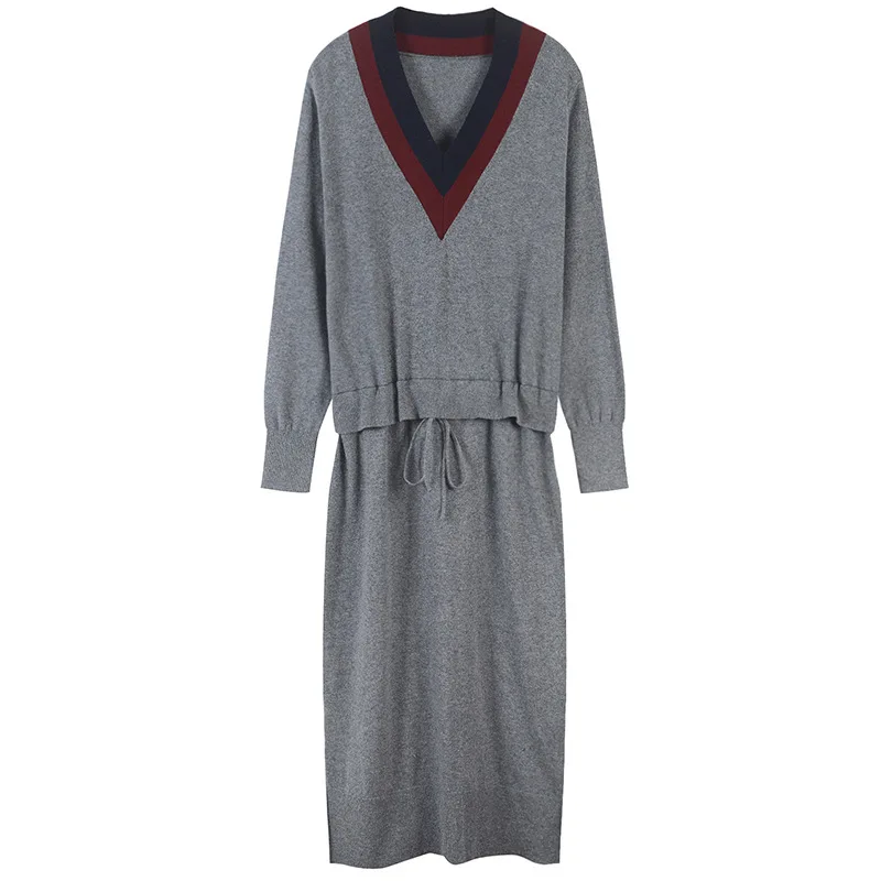 

Retrro Sashes Lace Up Dress Femme Winter Striped Robe Women Dress Hem Split Pullovers Knit Vestido Runway