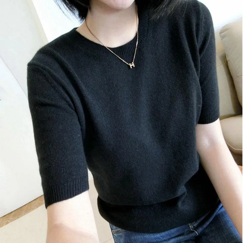 

2019 Spring Autumn Women Solid Big Cashmere Wool Sweater Short Sleeve O-neck Pullovers Jumper Computer Knitted Oversize Sweaters