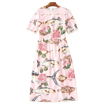 

Runway Dress 2019 Spring Summer O-Neck Short Sleeve Printed Embroidery Back Crystal Button Midi Dress Casual Dresses SAD244N