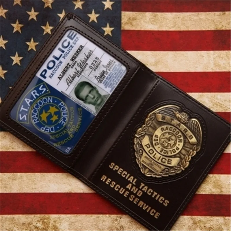 

Cosplay Resident Evil Stars Police Leon/Chris/Jill/Wesker Metal Badge Leather Case Holder ID Cards Driving Wallets Holder Case