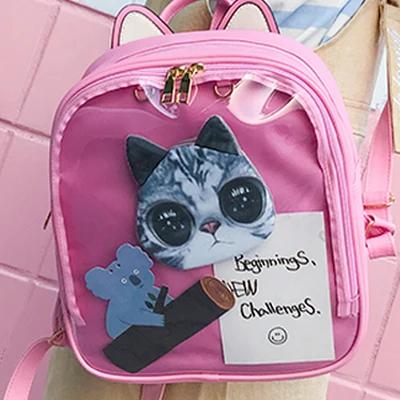 Lovely Cat Ear Leather Backpacks Candy Color Transparent Bag Teenage Girls Travel Bakpack Children Shoulder Bags School Itabag - Цвет: pink