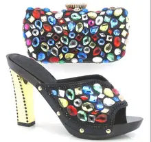 Italy Shoe And Bag Set Upper Material Cotton Fabric African Shoe With Bags black Colors Italian