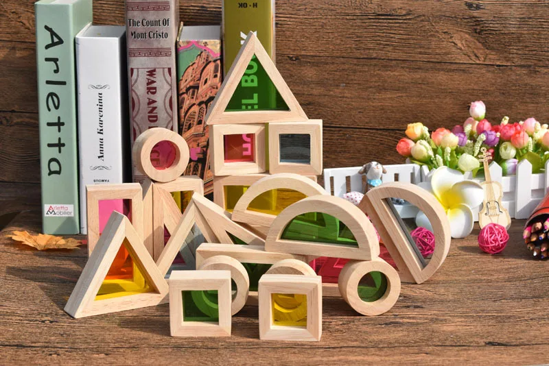 Ceny Rainbow bloki 24 sztuk geometryczne montaż bloki akrylowe drewniane zabawki dla dzieci kreatywny budynek bloki edukacyjne zabawki dla dzieci
