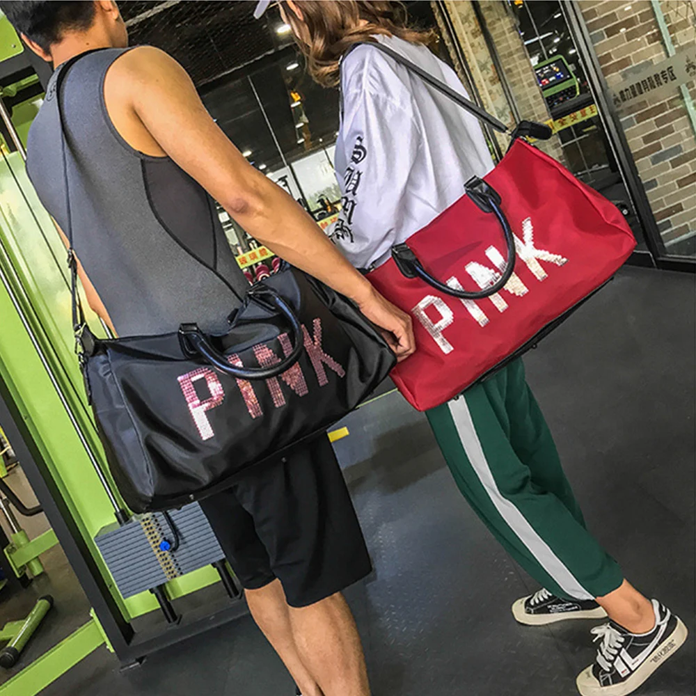 2019 Wobag Ladies Black Travel Bag Pink Sequins Shoulder Bag Women Handbag Ladies Weekend Portable Duffel Bag Waterproof Wash18