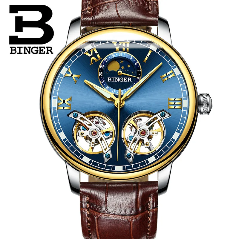 Double tourbillon Luxury Men watch Automatic mechanical Watch BINGER Famous Brand Watch Gold Case Blue Dial Double relogio - Цвет: 10