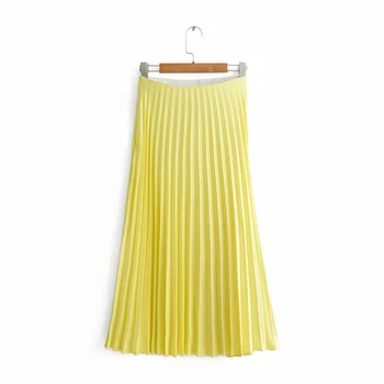 

Women Casual Yellow Za Long Skirt 2019 Women Fashion Summer Pleated Skirts For Sweet Lady Elastic High Waist Street-wear Skirt