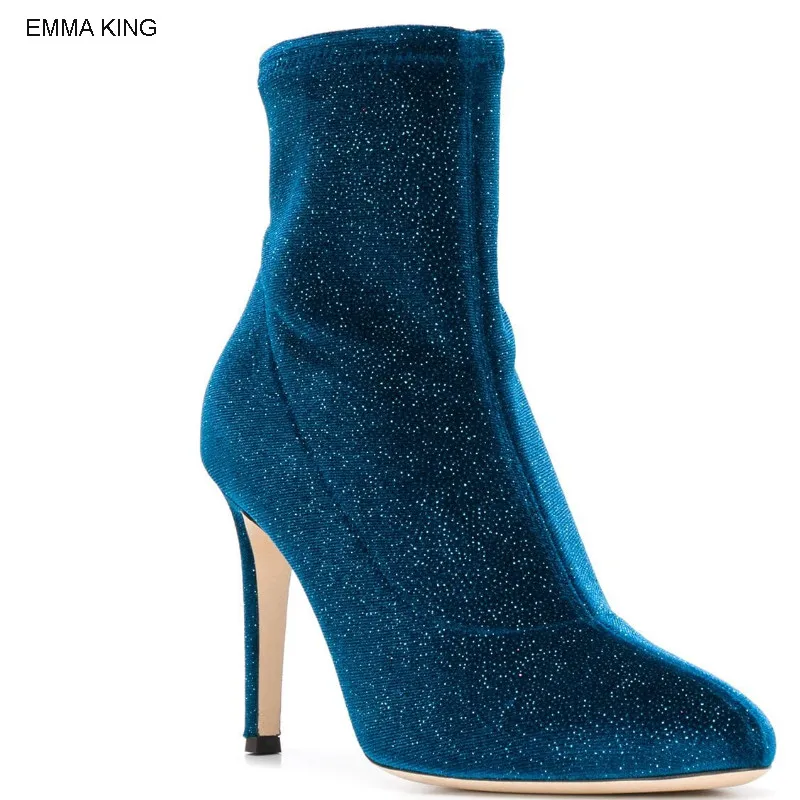 

EMMA KING 2018 Fashion Autumn Concise Bule Flock Bling Mid calf Sexy High Heels Woman Party Thin Heels Model Pointed Toe Boots