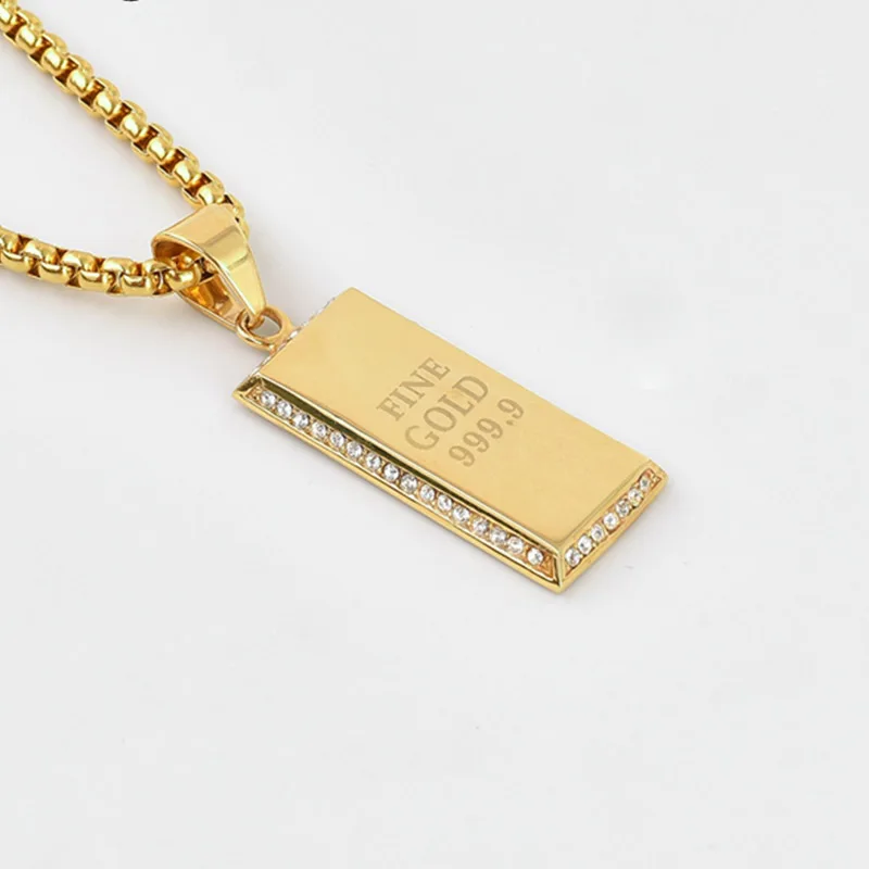 

2019 NEW 316L Stainless steel 999.9 FINE pendant & necklace Gold color rhinestones hip hop necklace
