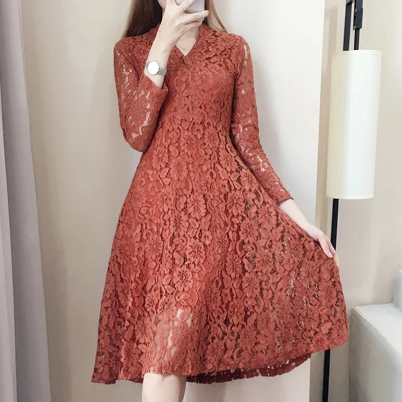 

2019 Spring Autumn Slim Women Long Sleeve Lace Dress Big Size Elegant Lady Long V-neck Dressess Vestidos Winter Bottomings WZ667