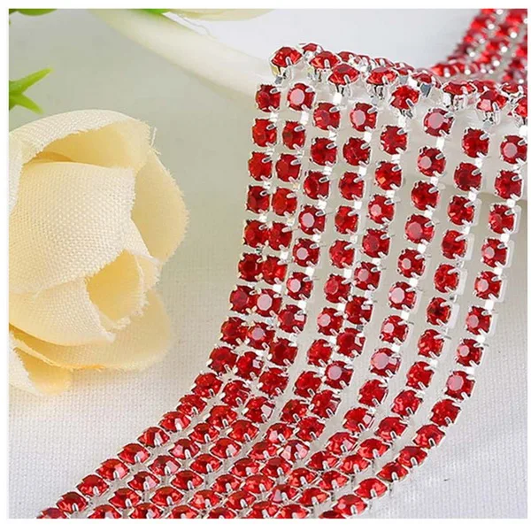 Red 1 м/лот пришитые хрустальные стразы на цепочке SS6 SS8 SS10 SS12 Серебряная основа плотная коготь стеклянная отделка горного хрусталя DIY аксессуары - Цвет: Red