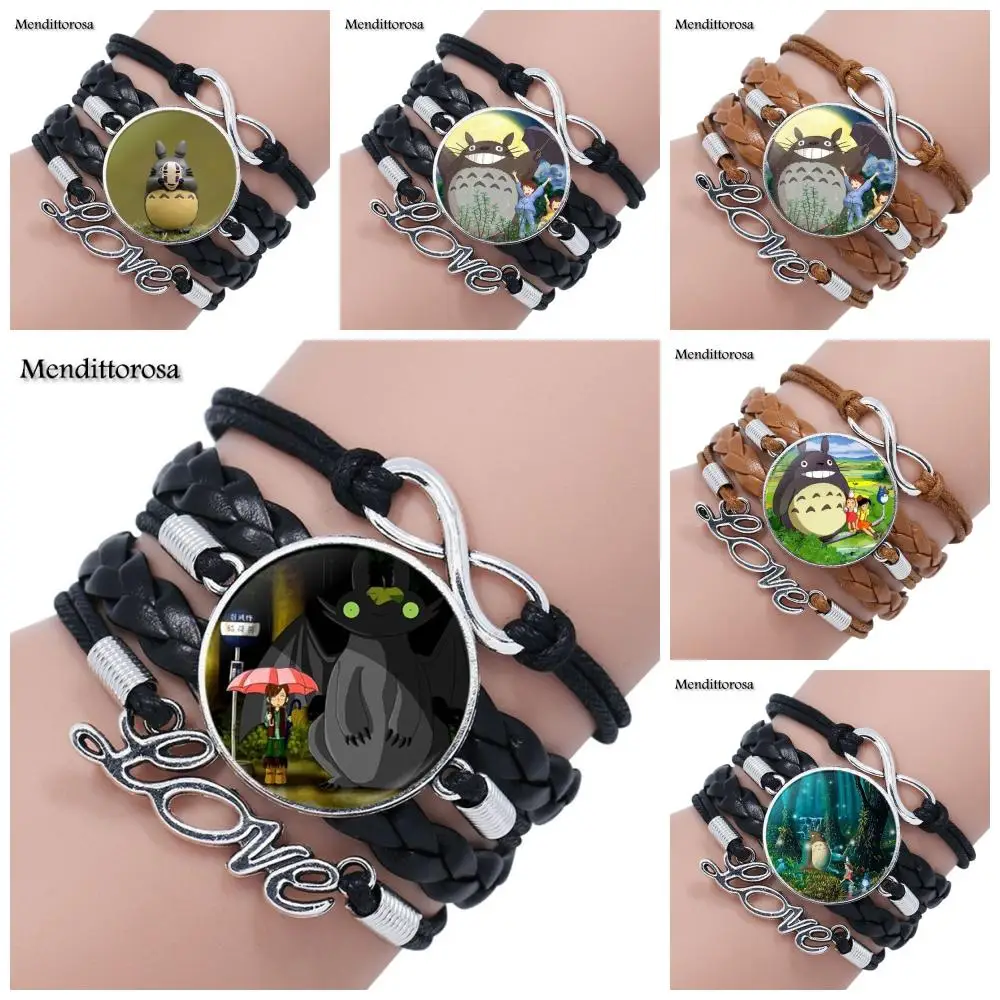 

Mendittorosa My Neighbor Totoro Cartoon Glass Cabochon Jewelry Multilayer Black/Brown Leather Bracelet Bangle For Unisex Gift