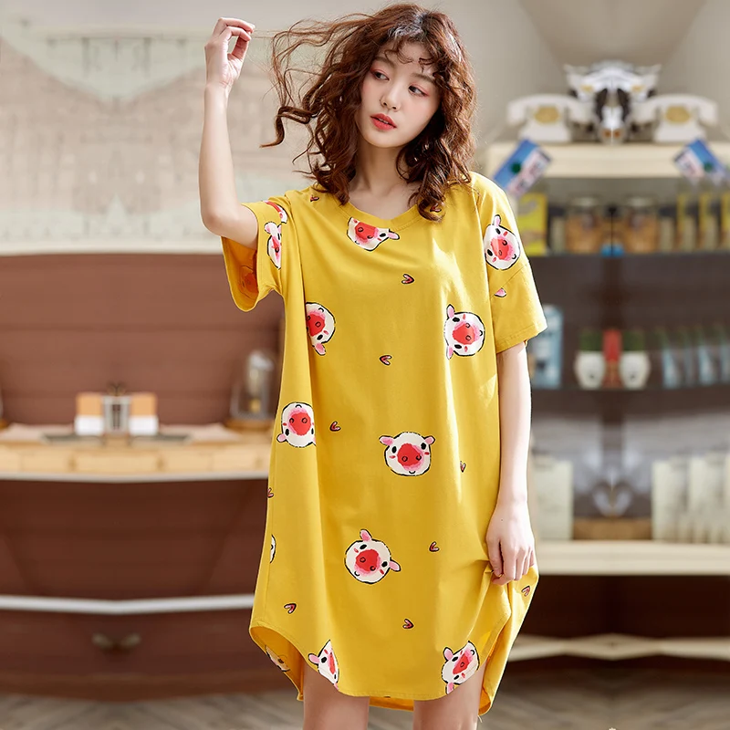 

Summer Women Nightgowns Cartoon Print Short 100% Cotton Sleepwear Nightwear Home Dress Girl Sleep Night Shirts Nightdress M-XXL
