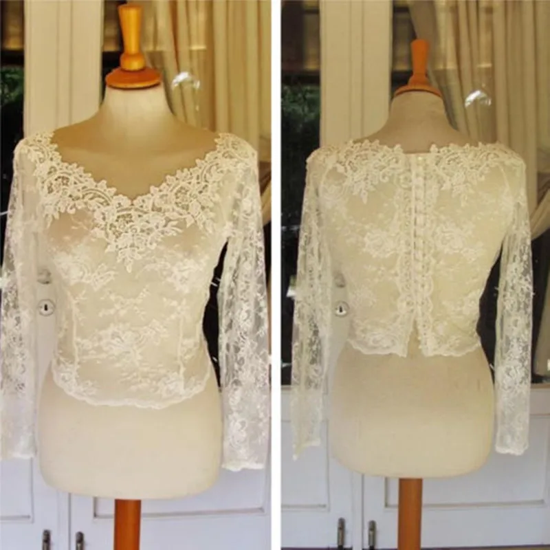 Fashion New Wedding Boleros Shrug V-Neck Jacket Appliques Lace White Ivory Long Sleeve Bridal Handmade Custom Size Jackets