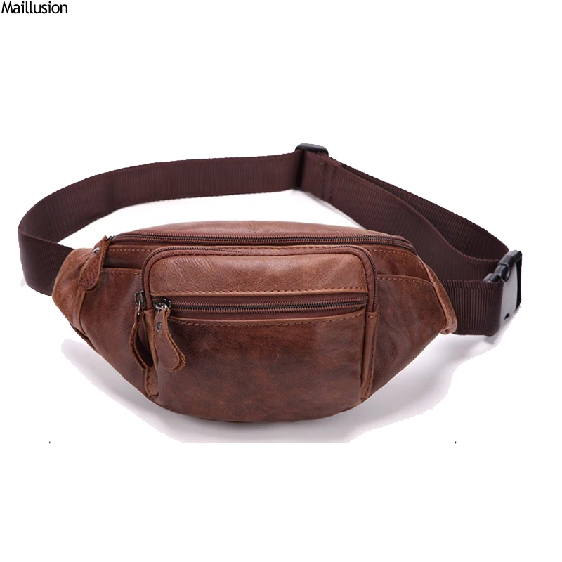 

Maillusion Italy Cow Leather Men Chest Genuine Leather Vintage Travel Cell Phone Pocket Multi-functions Waist Pack Male Pouch