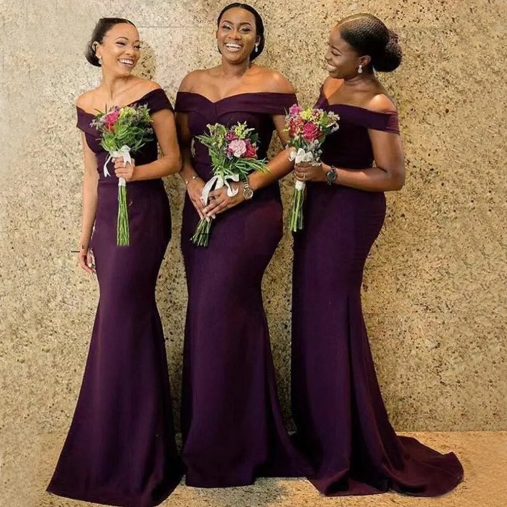 

Elegant Purple Soft Satin Bridesmaid Dresses 2019 Off The Shoulder Sexy Mermaid African Black Girls Wedding Party Dress