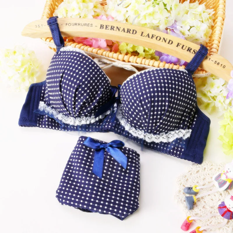 

Blue Plaid Lace Bow Sweet Cute Lolita Lingerie Women Intimates Cotton Comfort Young Girl Underwear Soutien Push Up Bra Set N122