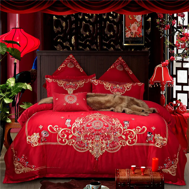 

4/6/10pcs Luxury Red Wedding style Golden Royal Embroidery 100% Cotton Bedding Set Duvet Cover Bed Linen Bed sheet Pillowcases