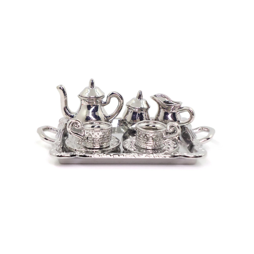 10 Pieces 1:12 Dollhouse Miniature Silver Metal Tea Coffee Set Tableware Best for doll house, room box, house model