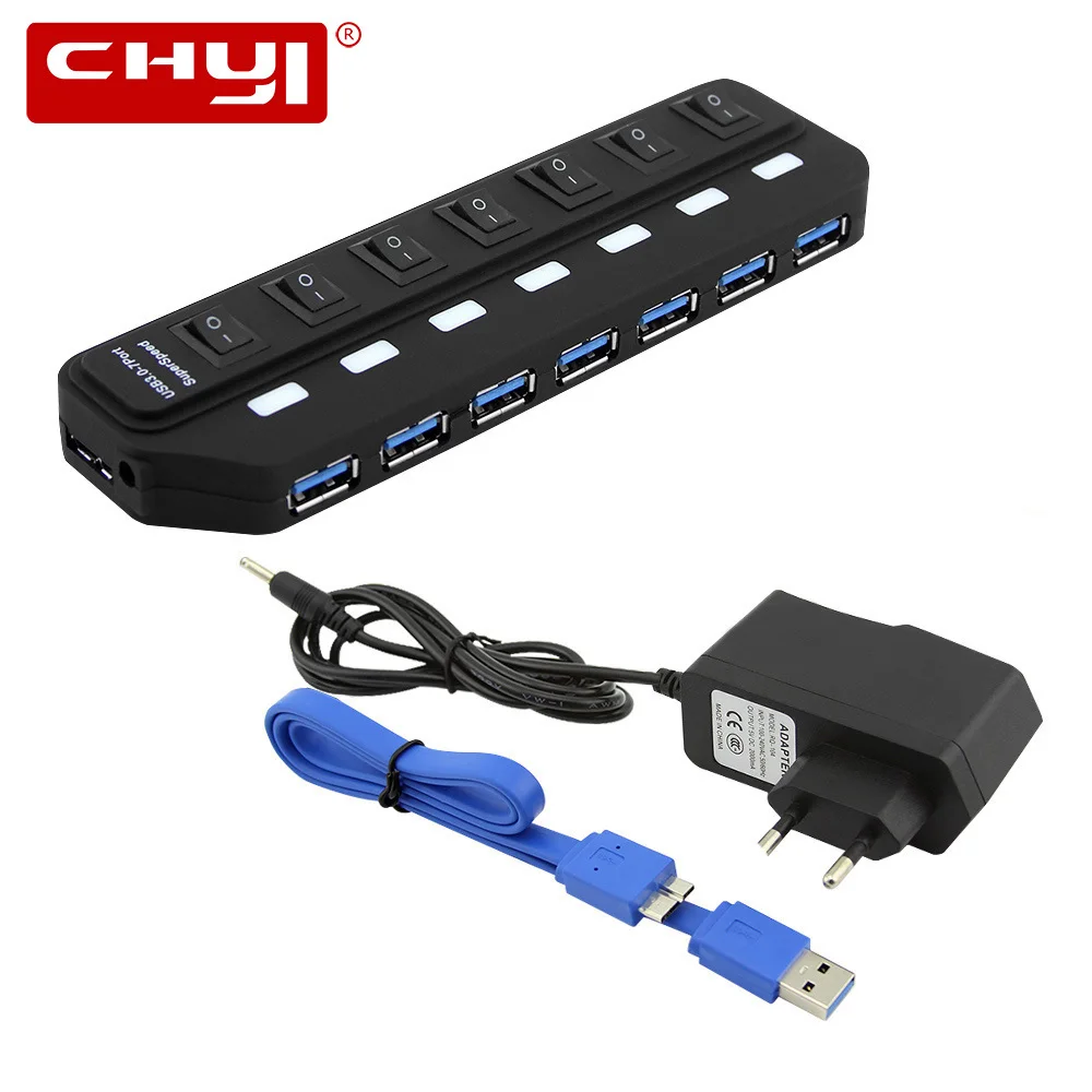 CHYI 7 Port USB 3.0 HUB USB-A to USB3.0 With LED ON/OFF Switch DC 5V/2A Power Supply High Speed Splitter Adapter For PC Laptop CHYI 7 Port USB 3.0 HUB USB-A to USB3.0 With LED ON/OFF Switch DC 5V/2A Power Supply High Speed Splitter Adapter For PC Laptop