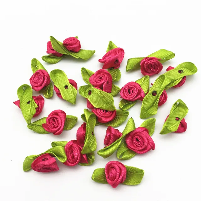 100pcs Mini Satin Ribbon Rose Buds Flowers With Green Leaves Crafts