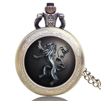 

Vintage Pocket Watch Hot Selling Game of Thrones US TV Series Evil Lion Design Black Glass Dome Case with Bronze Necklace Chain