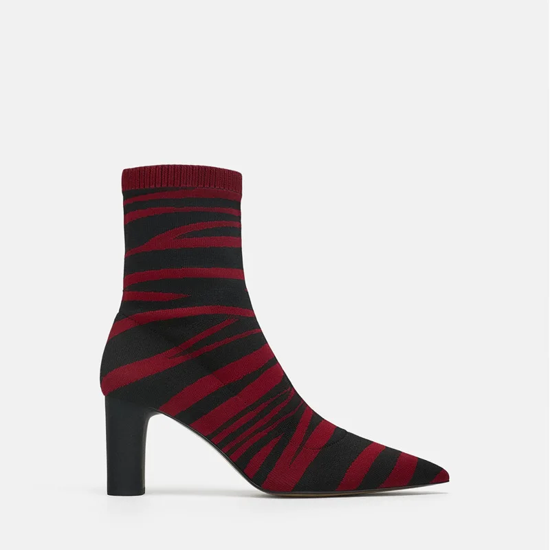 Bottes Bout Chaud Zèbre Pointu Hauts Talons Red Hiver Tricot Swe0395 Chaussette Monmoira Motif Femmes À Stretch CexWrBdo