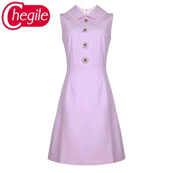 

Women Pink Summer Dresses 2020 High Quality Sleeveless Fashion Daffodil Appliqués Turn-down Collar Runway A-Line Mini Dress