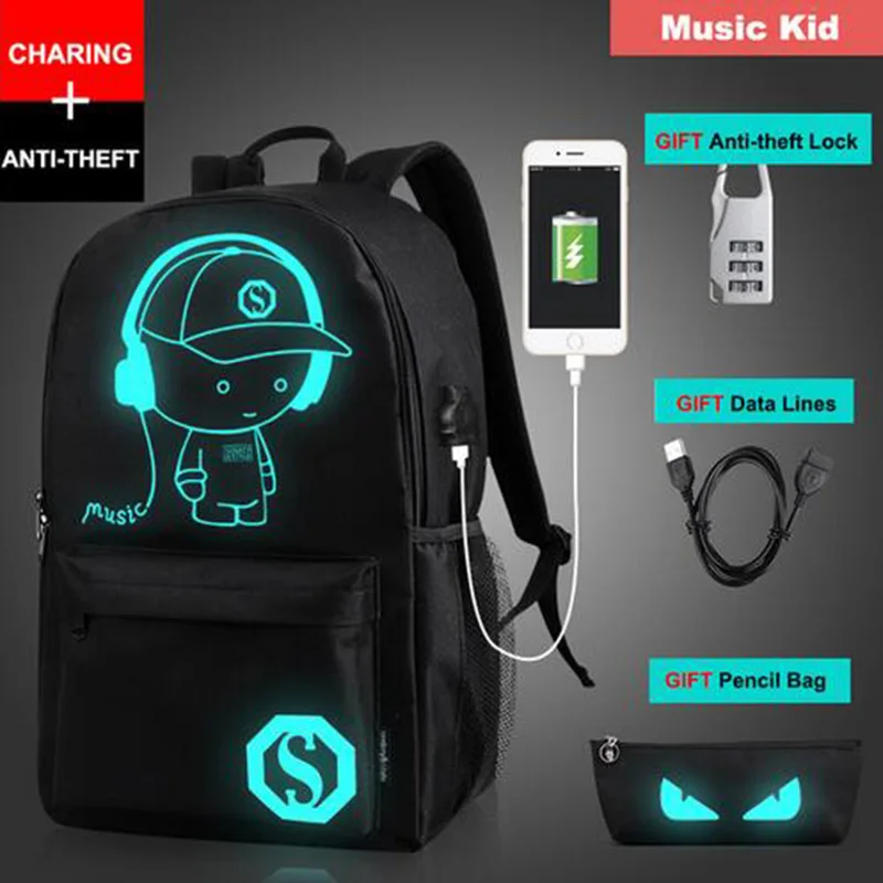Senkey стильный мужской рюкзак студенческий аниме светящийся USB зарядка ноутбук школьная сумка для подростка Противоугонный рюкзак женский - Цвет: Music black usb 184