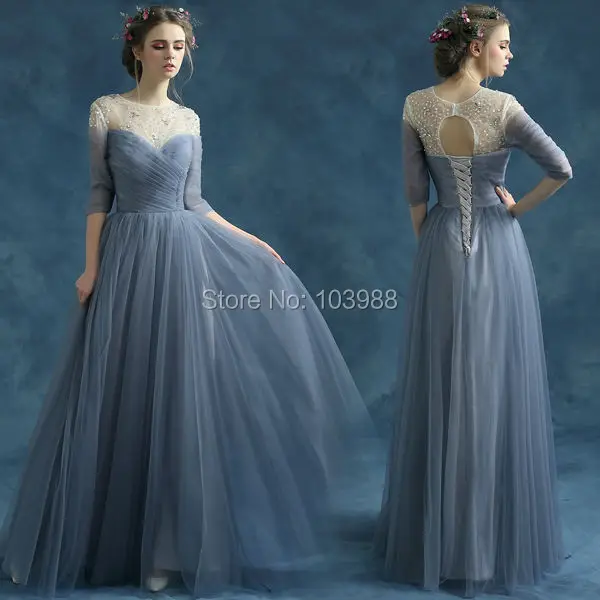 Grey Blue Evening Dress 2015 New Fashion Perspective Backless Beading A-line Long Prom Dress The Bride Elegant Formal Dress
