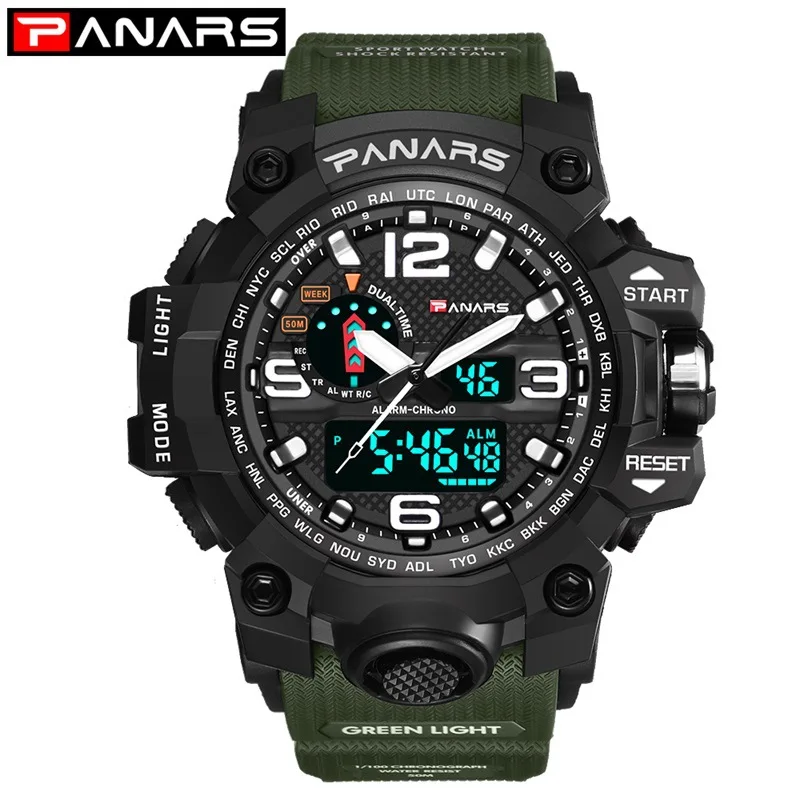

PANARS Army Military Sports Men's Watches Multi-function Alarm Time Zone Waterproof Double Display Digital Watches for Men 8202