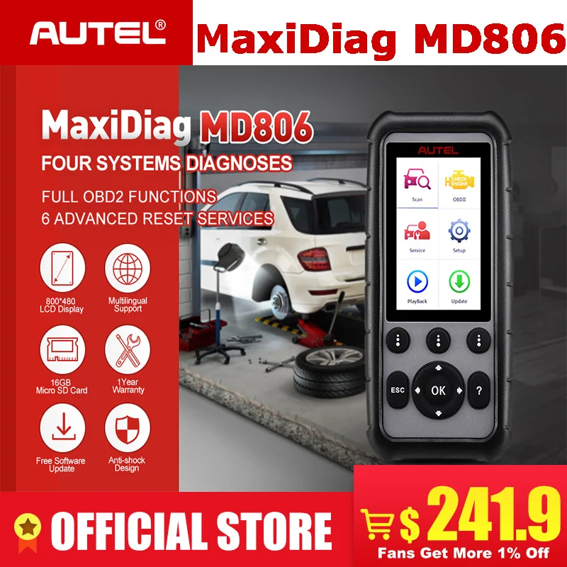 

Autel MaxiDiag MD806 OBD2 Car Automotive Diagnostic Tool OBDII Scanner OBD 2 Scan Tool 4 System Diagnoses PK MD802 MD808 CRP129
