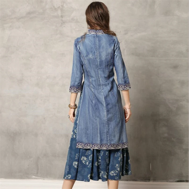 Высокое качество Весна Лето Новое Женское джинсовое длинное платье размера плюс женское винтажное платье cheongsam с вышивкой тонкие платья