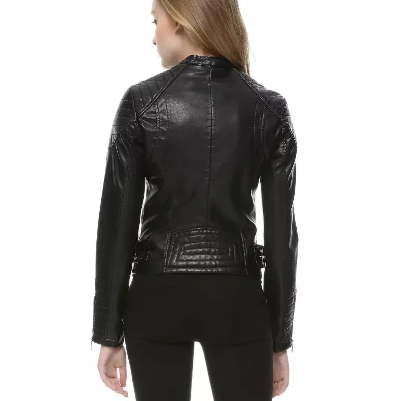 Женская мотоциклетная куртка TMODA293 черная из искусственной кожи на молнии