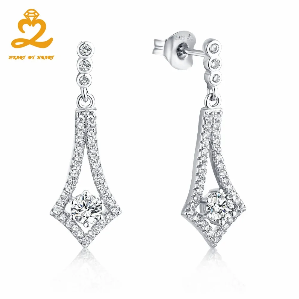 Сердце Кристалл Серебряные длинные Серьги падение Стиль Jewelry 4 мм Pure White Gold Дамы