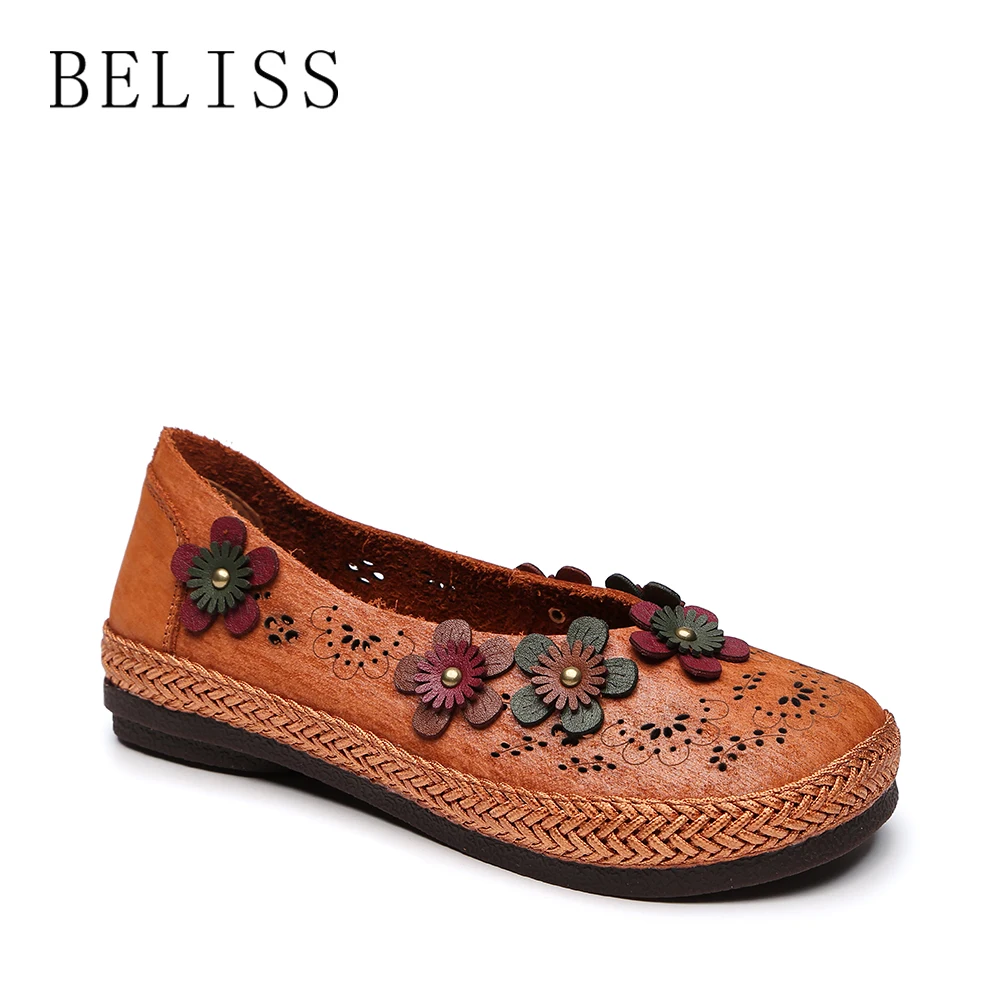 

BELISS women flats genuine leather shoes woman slip on loafers woman round toe hollow causal flats shoes ladies handmade P9