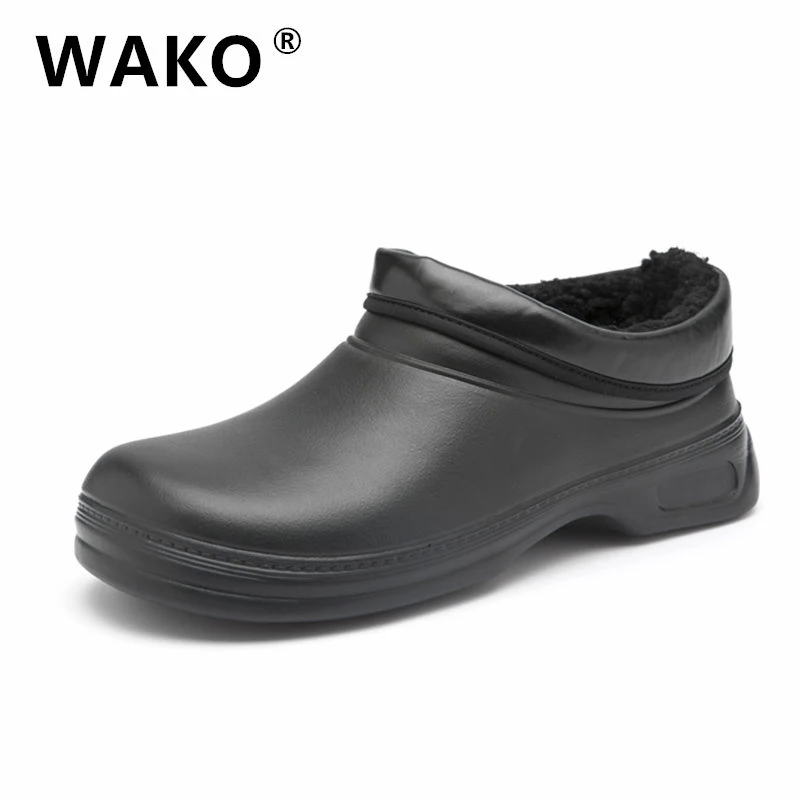 

WAKO Winter Fur Inside Men Chef Kitchen Working Shoes Casual Flat Work Shoe For Unisex Cook Black Waterproof Factory Shoes