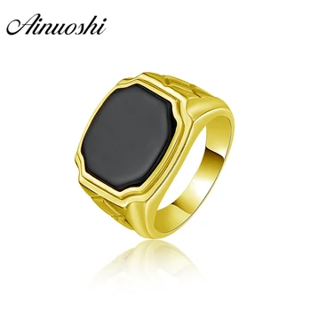 

AINUOSHI Geometric Black Agate Flat Ring 14K Solid Yellow Gold Solitaire Vintage Wide Wedding Band Engagement Gold Men's Ring