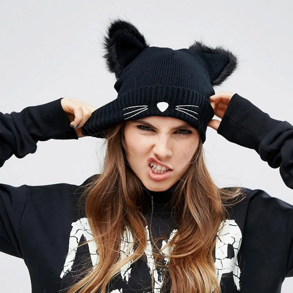 

2018 NEW Autumn and winter fashion warm cat style beanie ladies and girls cat ear hat for winter