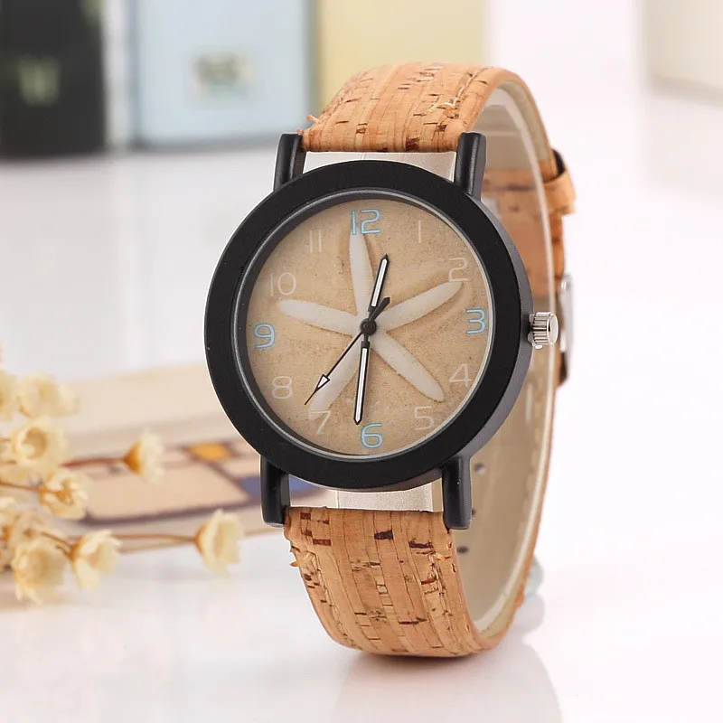 

MEIBO Hours Reloj Mujer 2017 Sea Star Pattern Analog Wooden Color PU Leather Strap Quartz Women's Wrist Watch Relogios Femininos