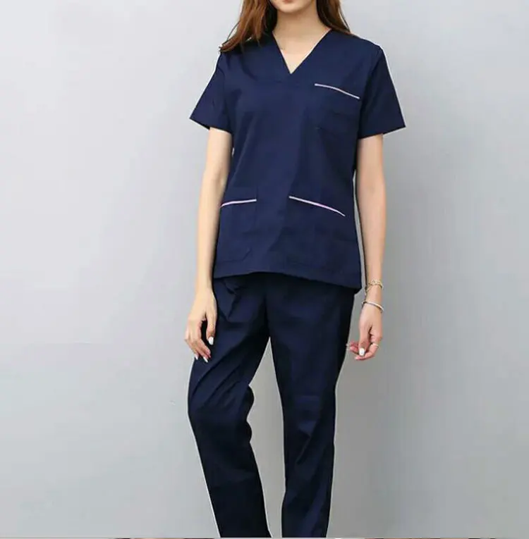 V шеи короткий рукав Для женщин работы топы, штаны наборы скрабов больницы врач хирургической медсестры костюм для стоматологической