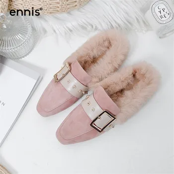 

ENNIS 2019 Suede Loafers Women Leather Slippers Mules Buckle Rivet Loafers Real Rabbit Fur Mules Casual Shoes Fashion M8147