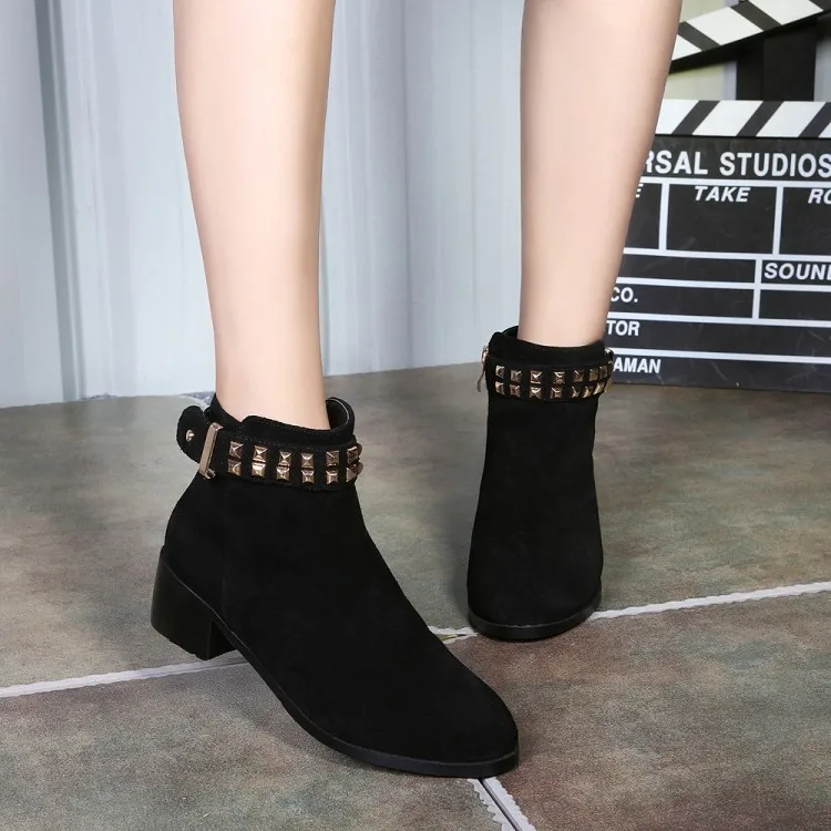 2016 Autumn New Fashion Chunky High Heels Shoes Rivet Womens Black Leather Ankle Boots Sale Gray Booties
