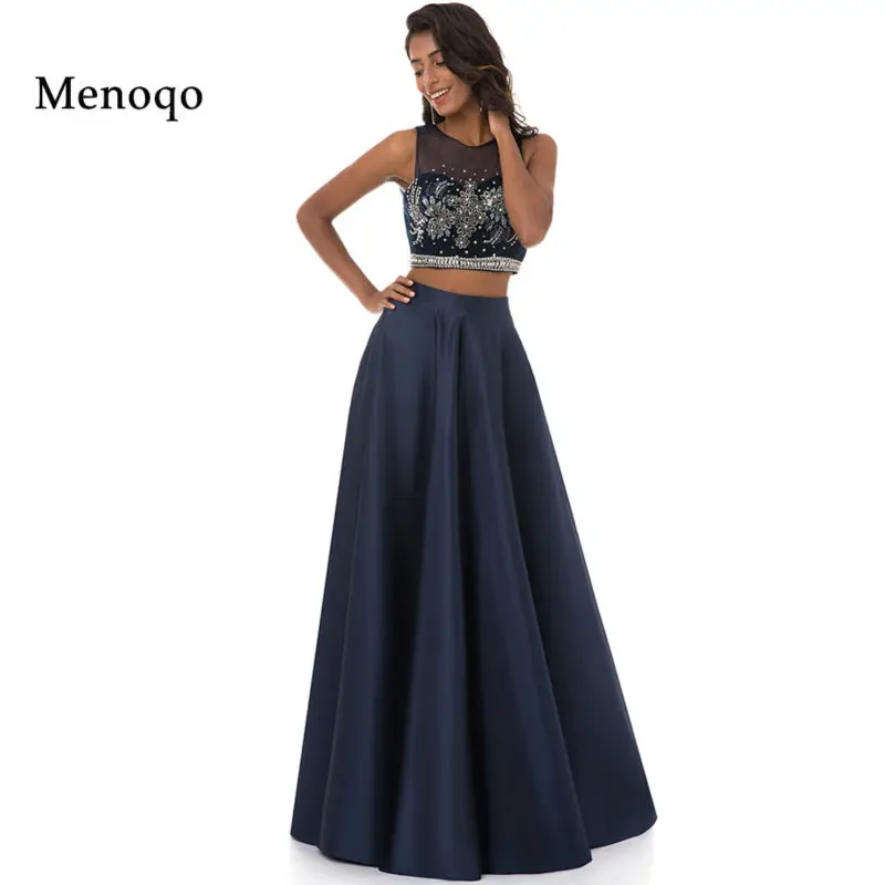 

Menoqo 2019 New Arrival Two 2 Piece Prom Dresses Scoop Sleeveless A-Line Floor Length Beading Party Dresses Vestido De Vesta