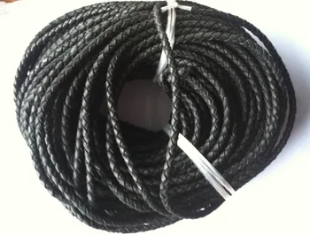 

High quality 4 strands black 6mm braided geunine leather cord round 50meters/lot