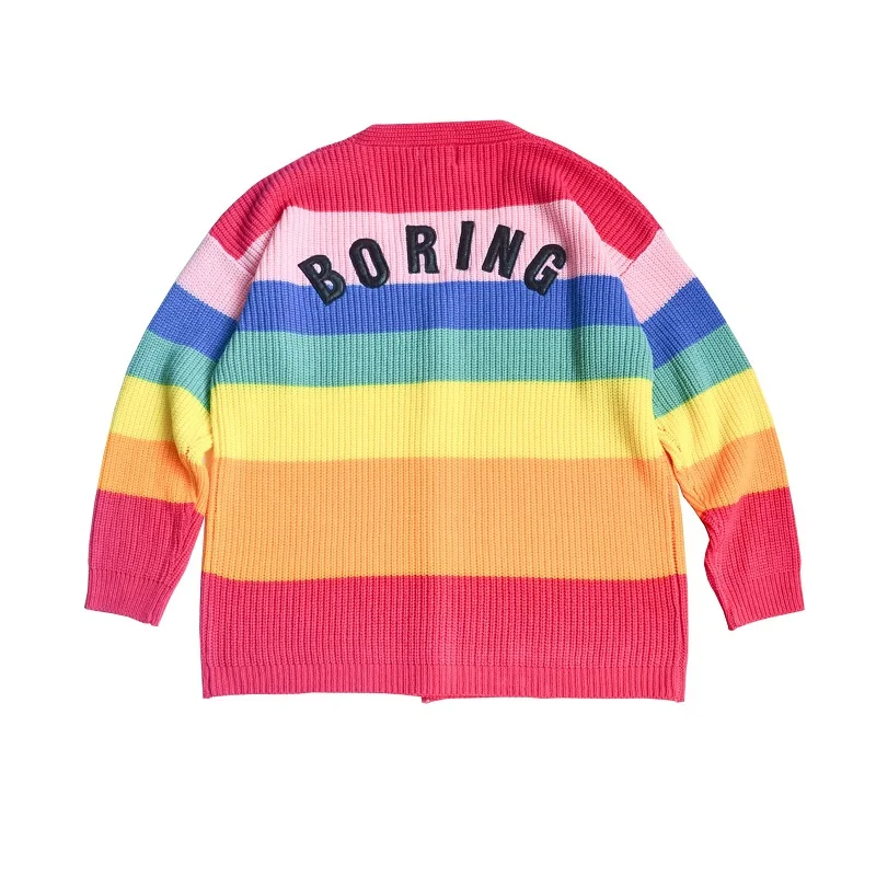 

Autumn New Rainbow Striped Women Sweater Cardigan Love Embroidery Letter BORING Cloth Paste Loose Knitted Tumblr One Size