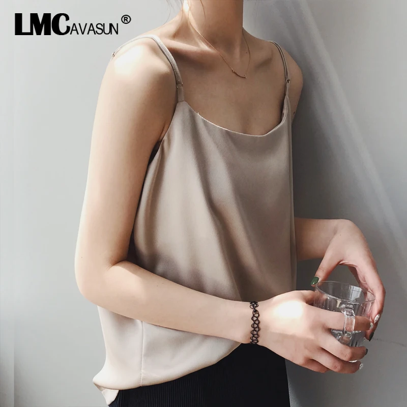 

LMCAVASUN 2019 Summer Spring Casual Satin Cami T-shirt Woman Clothes Satin Camisole Vest Stripe Wine Red Slim Pullovers