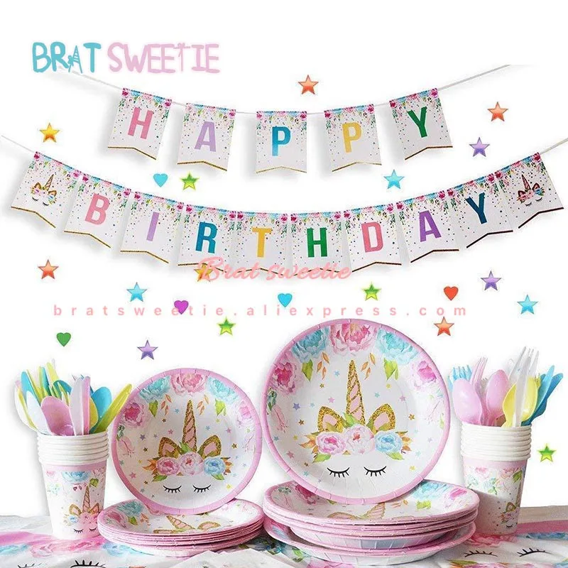 

Unicorn Party Birthday Plate Banner Cup Unicornio Cake Topper Disposable Party Tableware Set Kids Theme Birthday Party Favors
