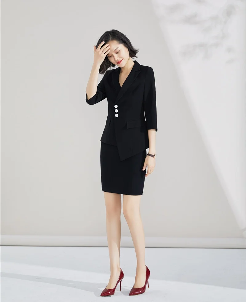 Новинка 2019, модный черный блейзер, женские деловые костюмы с юбкой и курткой, элегантные офисные женские деловые костюмы, OL стиль