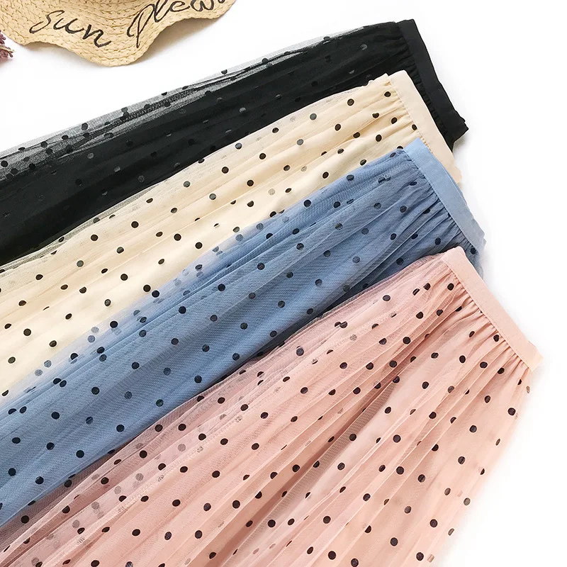 

New Women Tulle Skirt Cute Dot Pleated Skirt Women Long Tutu Skirts Jupe Saia faldas 2019 Casual High Waist Elascity Party Skirt