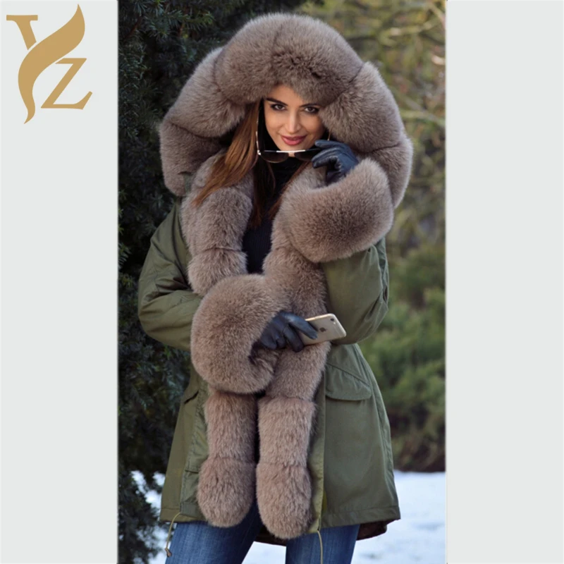 

2018 New Fashion Real Fur Coats Thick Warm Fox Fur Parka For Female Especially Luxurious Fox Fur Hood Cuff All-match Winter Coat